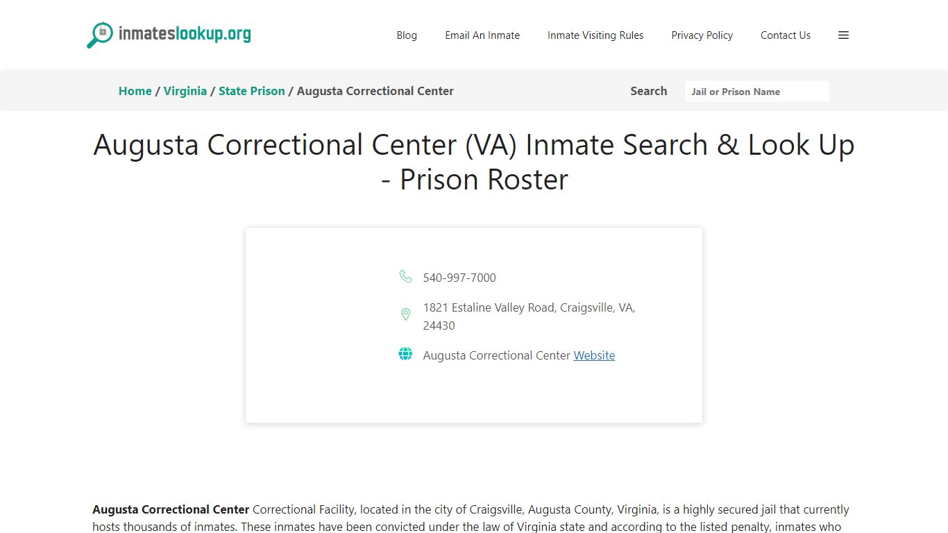 Augusta Correctional Center (VA) Inmate Search & Look Up - Prison Roster